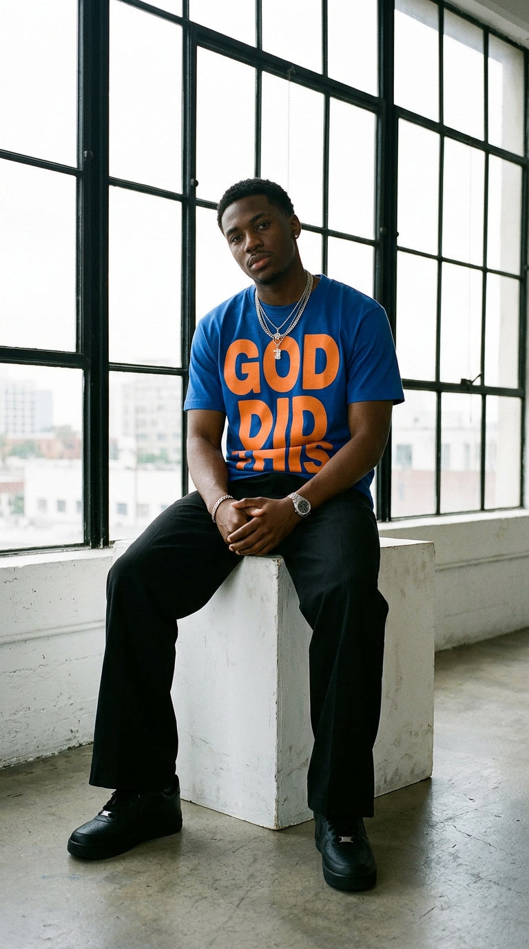 God Did This royal/orange tee, lifestyle